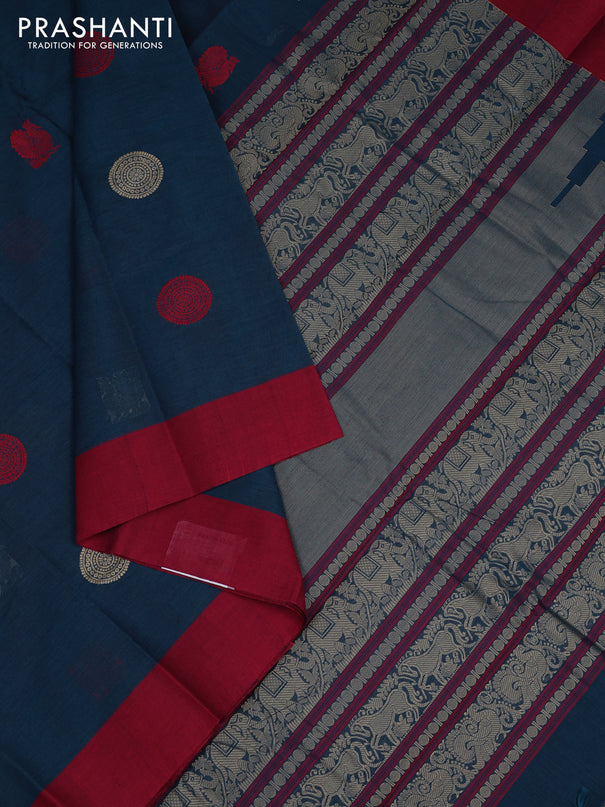 Kanchi cotton saree peacock blue and maroon with ruddraksha thread woven buttas and simple border