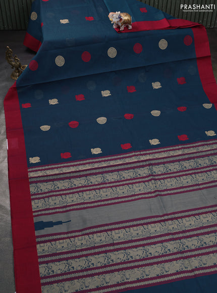 Kanchi cotton saree peacock blue and maroon with ruddraksha thread woven buttas and simple border