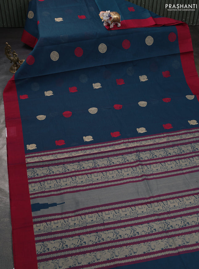 Kanchi cotton saree peacock blue and maroon with ruddraksha thread woven buttas and simple border