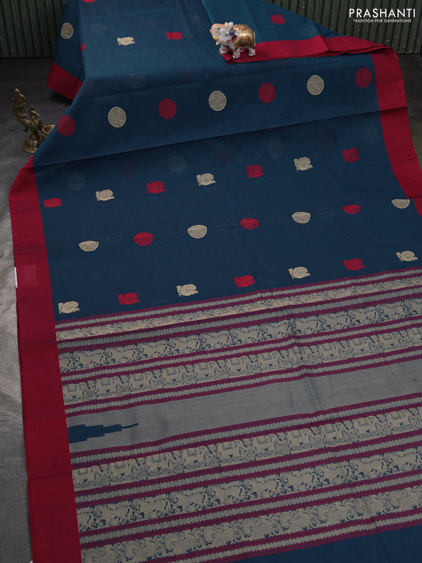 Kanchi cotton saree peacock blue and maroon with ruddraksha thread woven buttas and simple border