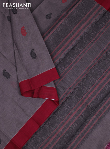 Kanchi cotton saree grey and maroon with paisley thread woven buttas and small zari woven border