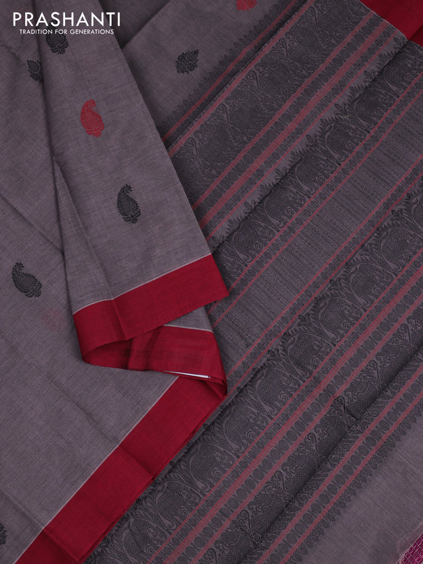 Kanchi cotton saree grey and maroon with paisley thread woven buttas and small zari woven border