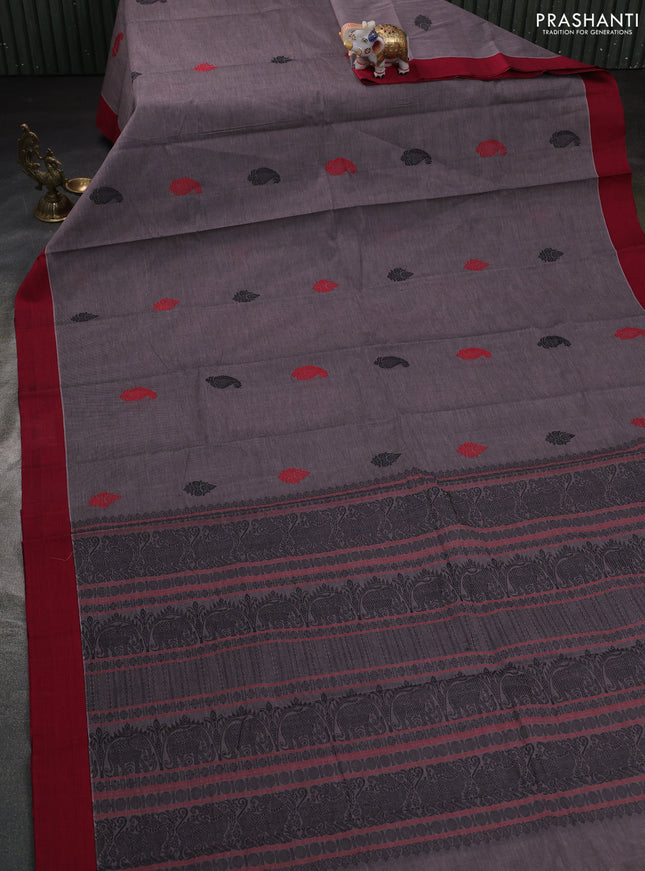 Kanchi cotton saree grey and maroon with paisley thread woven buttas and small zari woven border