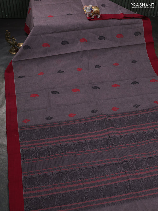 Kanchi cotton saree grey and maroon with paisley thread woven buttas and small zari woven border