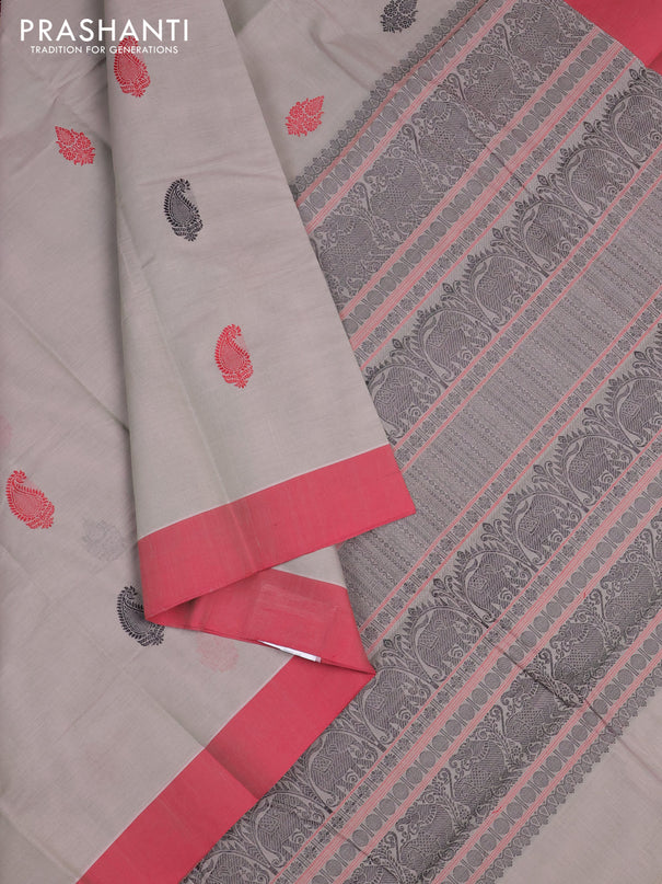Kanchi cotton saree pastel grey and maroon with paisley thread woven buttas and small zari woven border