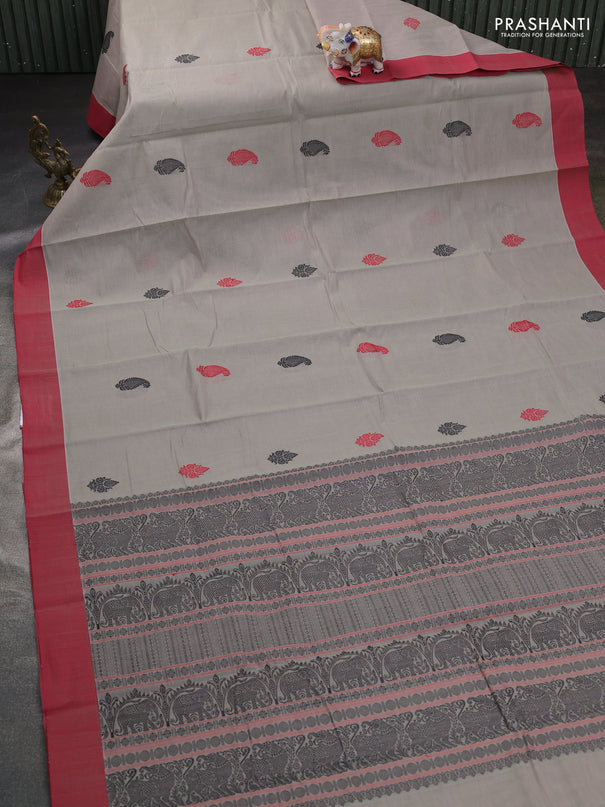 Kanchi cotton saree pastel grey and maroon with paisley thread woven buttas and small zari woven border