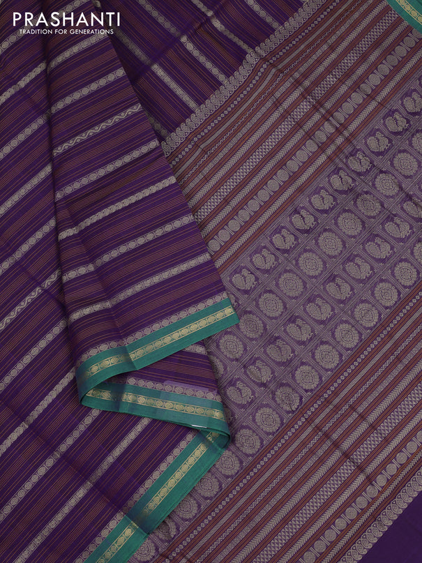 Kanchi cotton saree violet and green with allover thread weaves and small zari woven border