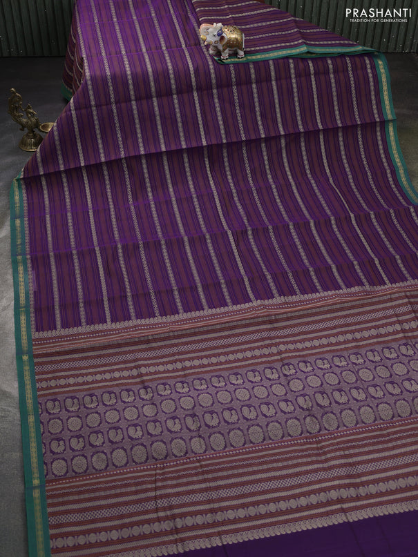 Kanchi cotton saree violet and green with allover thread weaves and small zari woven border