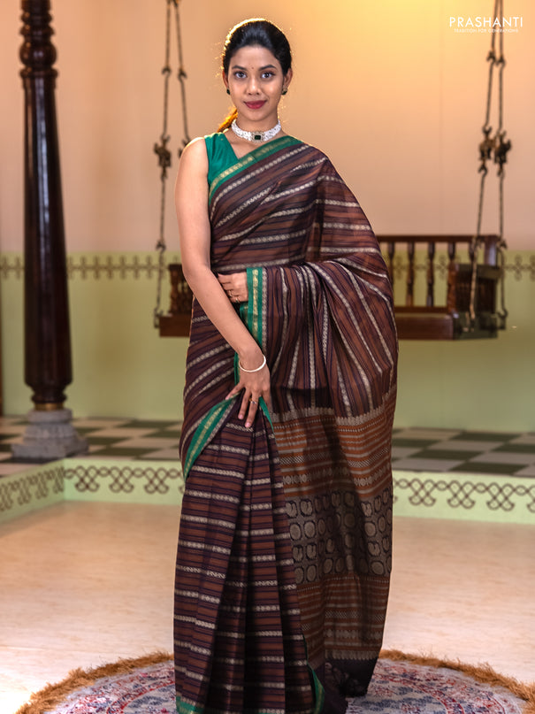 Kanchi cotton saree deep jamun and green with allover thread stripe pattern and small zari woven border