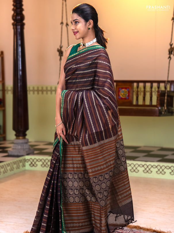 Kanchi cotton saree deep jamun and green with allover thread stripe pattern and small zari woven border