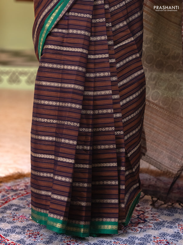 Kanchi cotton saree deep jamun and green with allover thread stripe pattern and small zari woven border