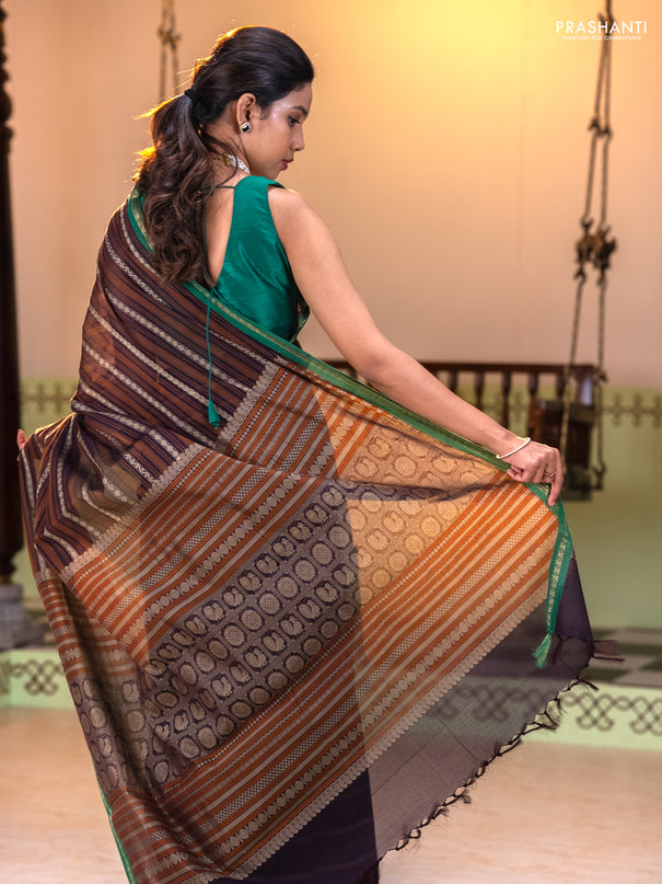 Kanchi cotton saree deep jamun and green with allover thread stripe pattern and small zari woven border