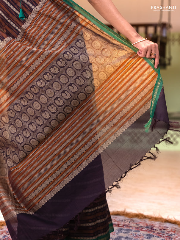 Kanchi cotton saree deep jamun and green with allover thread stripe pattern and small zari woven border