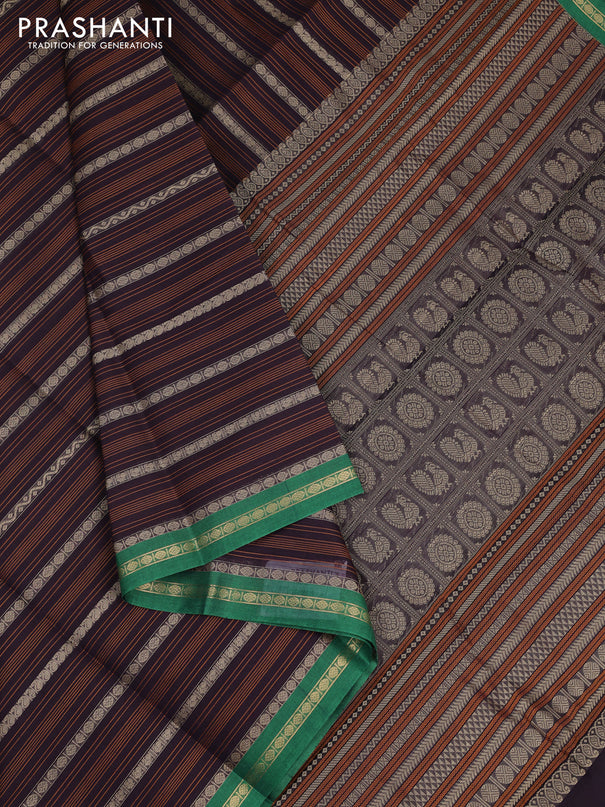 Kanchi cotton saree deep jamun and green with allover thread stripe pattern and small zari woven border