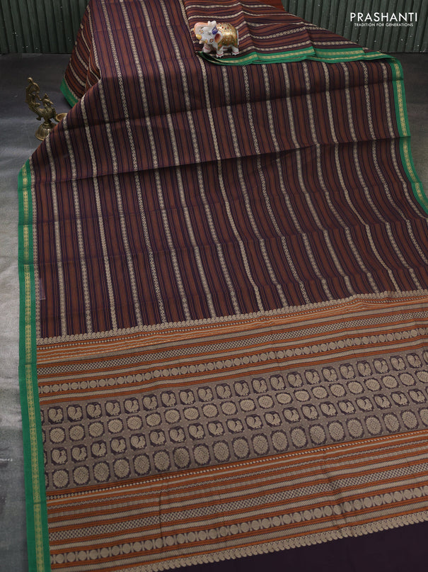 Kanchi cotton saree deep jamun and green with allover thread stripe pattern and small zari woven border