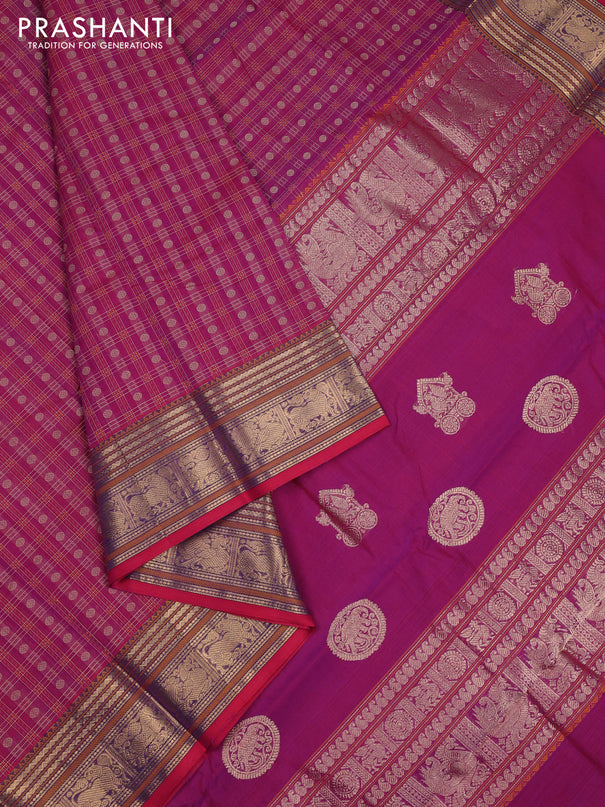 Kanchi cotton saree megenta pink and maroon with allover thread checks & buttas and zari woven border