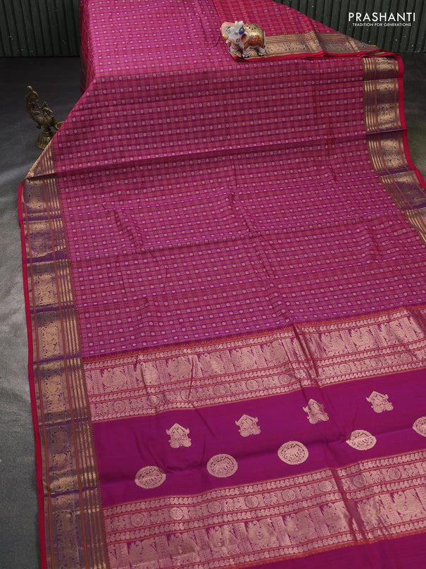 Kanchi cotton saree megenta pink and maroon with allover thread checks & buttas and zari woven border