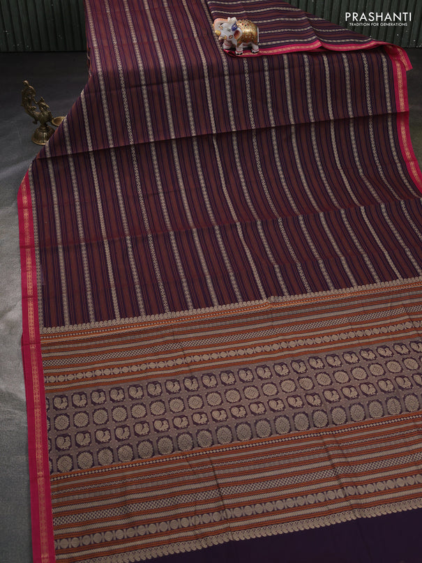 Kanchi cotton saree wine shade and pink with allover thread weaves and small zari woven border