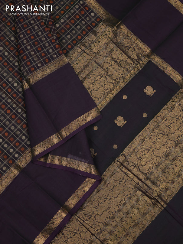 Kanchi cotton saree dual shade of purple with allover thread checks & buttas and long rettapet zari woven border