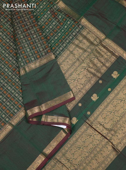 Kanchi cotton saree dual shade of green and maroon with allover thread checks & buttas and long rettapet zari woven border