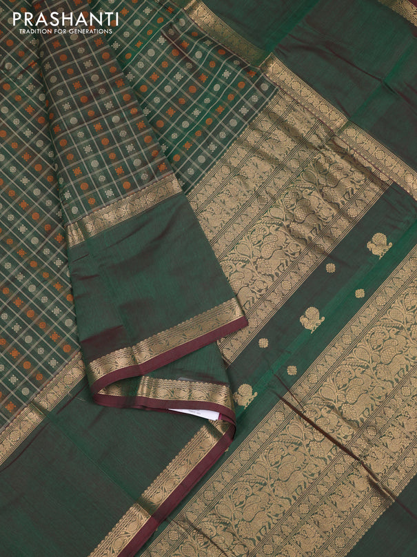 Kanchi cotton saree dual shade of green and maroon with allover thread checks & buttas and long rettapet zari woven border