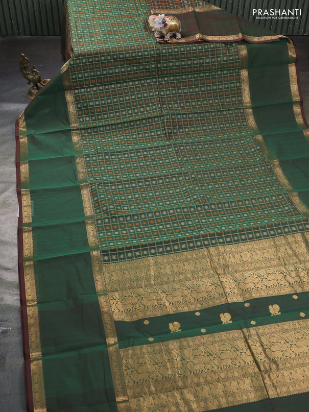 Kanchi cotton saree dual shade of green and maroon with allover thread checks & buttas and long rettapet zari woven border