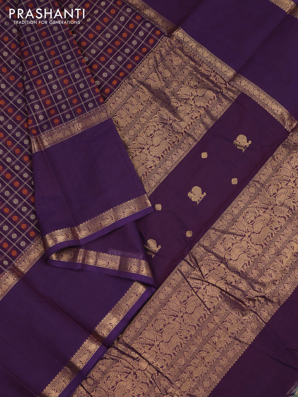 Kanchi cotton saree deep purple with allover thread checks & buttas and long rettapet zari woven border