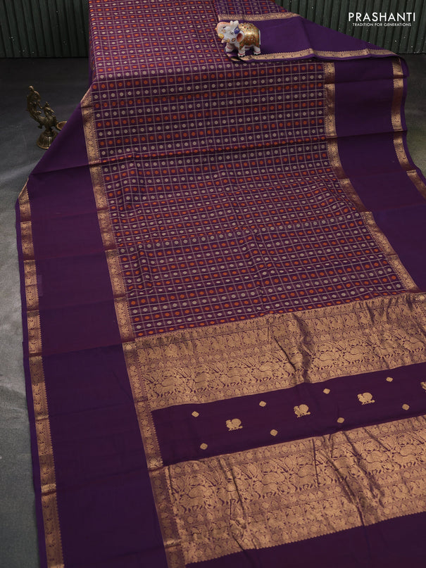 Kanchi cotton saree deep purple with allover thread checks & buttas and long rettapet zari woven border