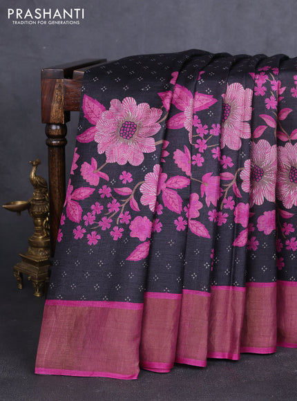 Pure tussar silk saree black and pink with floral prints and zari woven border