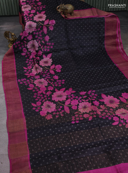 Pure tussar silk saree black and pink with floral prints and zari woven border