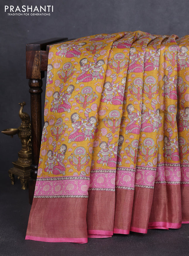 Pure tussar silk saree mustard yellow and pink with allover kalamkari prints and zari woven border