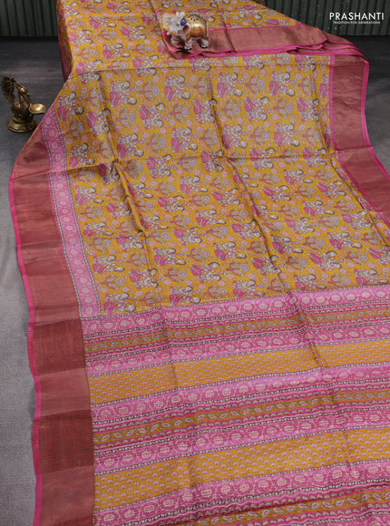 Pure tussar silk saree mustard yellow and pink with allover kalamkari prints and zari woven border