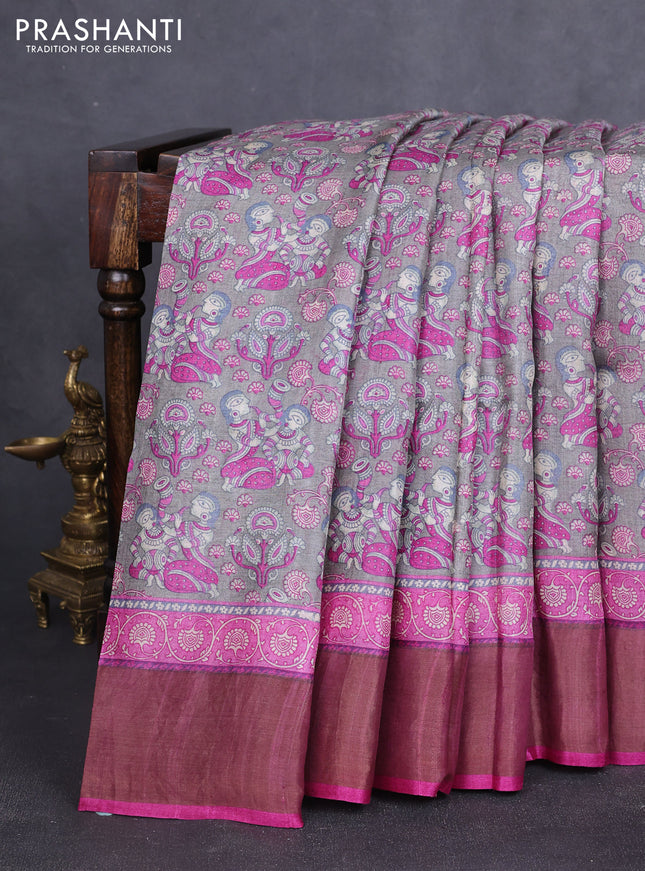 Pure tussar silk saree grey and pink with allover kalamkari prints and zari woven border