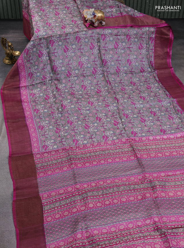 Pure tussar silk saree grey and pink with allover kalamkari prints and zari woven border