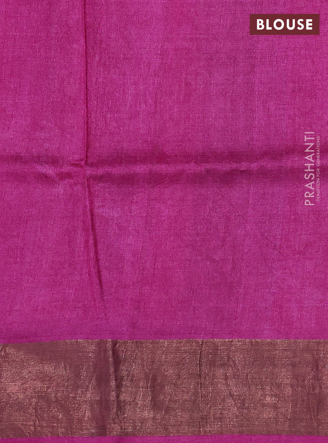 Pure tussar silk saree grey and pink with allover kalamkari prints and zari woven border