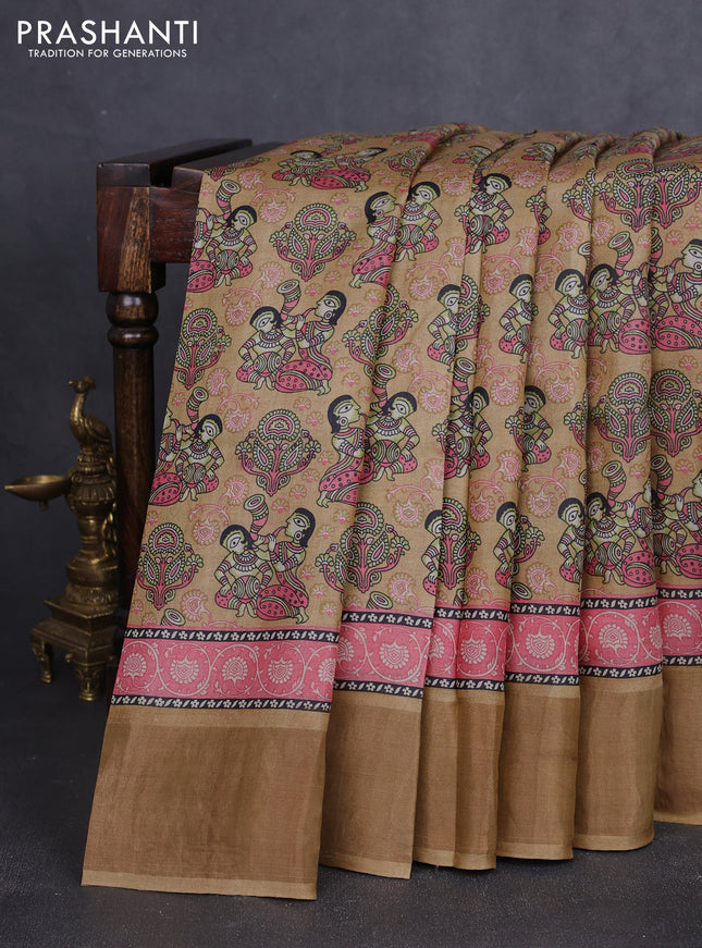 Pure tussar silk saree sandal with allover kalamkari prints and zari woven border