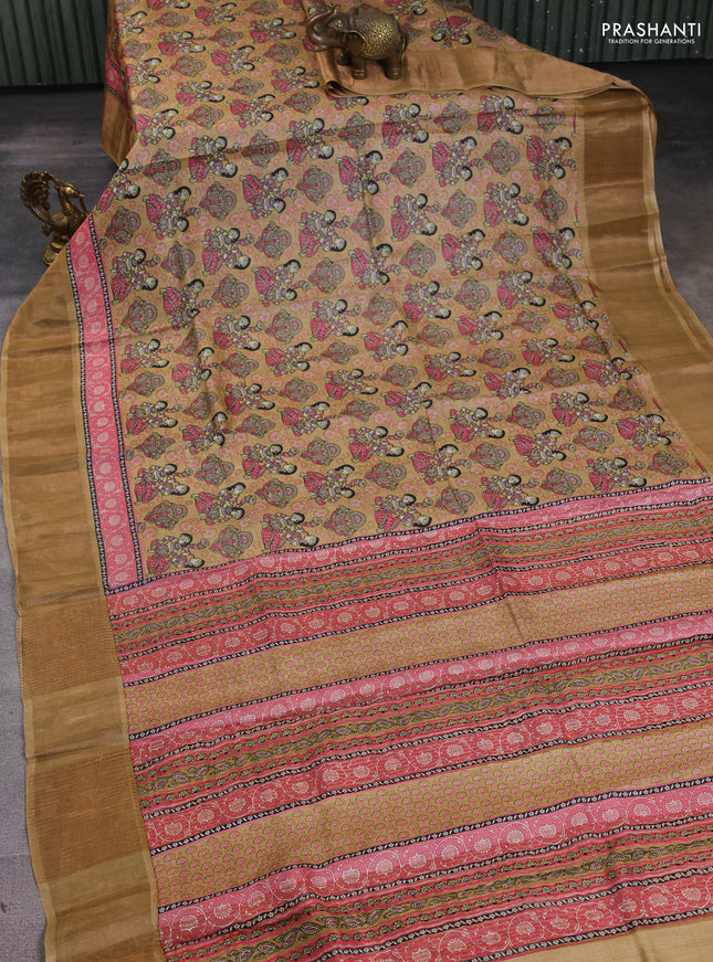 Pure tussar silk saree sandal with allover kalamkari prints and zari woven border