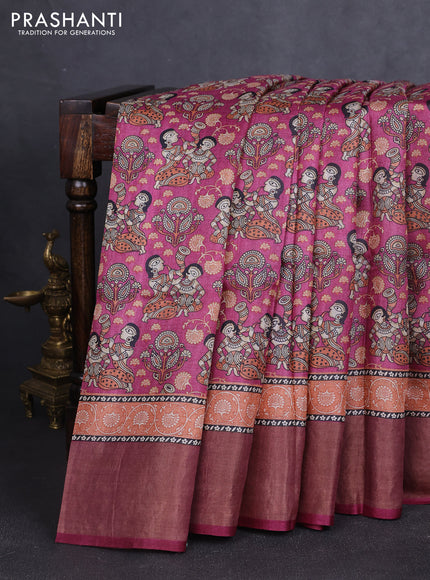Pure tussar silk saree magenta pink with allover kalamkari prints and zari woven border