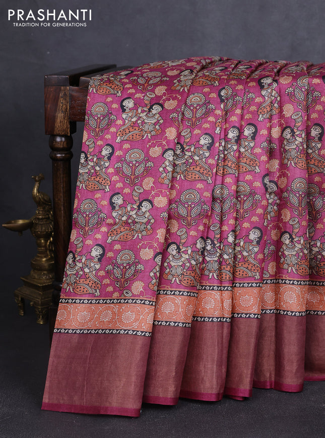Pure tussar silk saree magenta pink with allover kalamkari prints and zari woven border