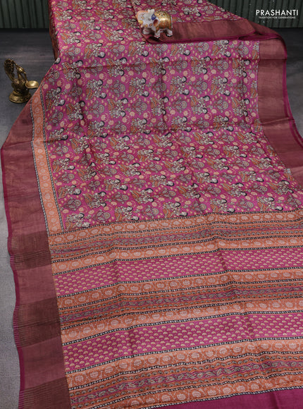 Pure tussar silk saree magenta pink with allover kalamkari prints and zari woven border