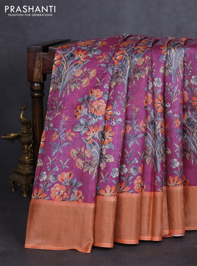 Pure tussar silk saree pink shade and orange with allover prints and zari woven border
