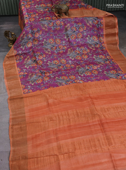 Pure tussar silk saree pink shade and orange with allover prints and zari woven border