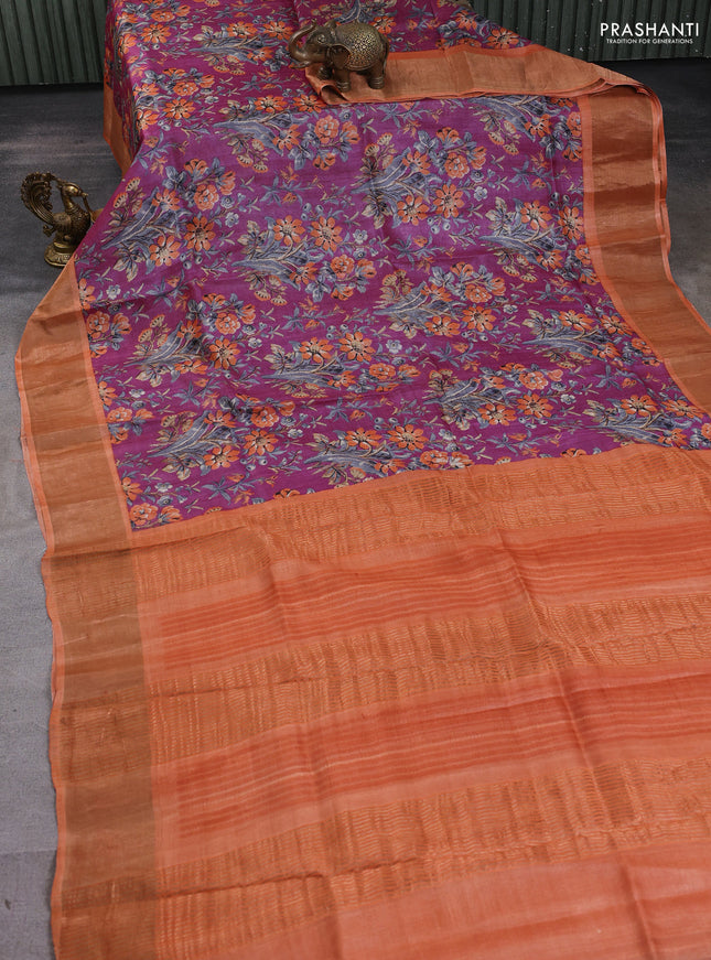 Pure tussar silk saree pink shade and orange with allover prints and zari woven border