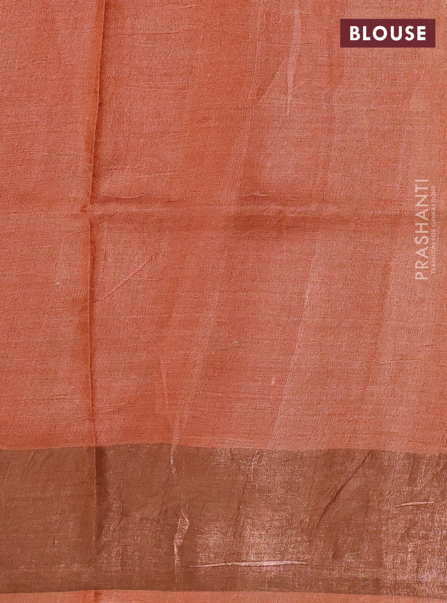 Pure tussar silk saree pink shade and orange with allover prints and zari woven border