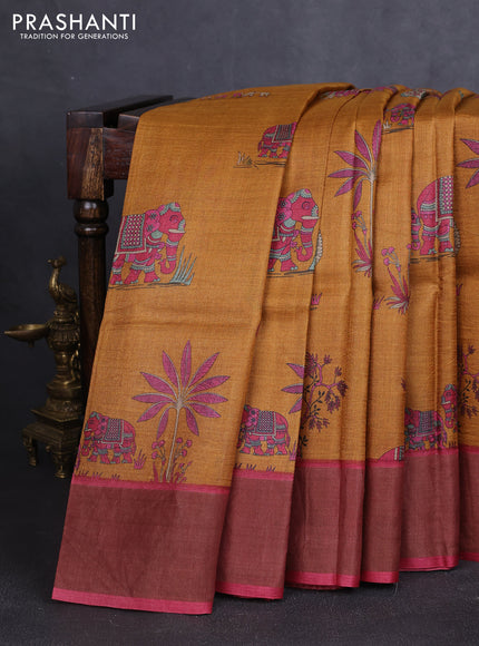 Pure tussar silk saree dark mustard and maroon with allover kalamkari prints and zari woven border