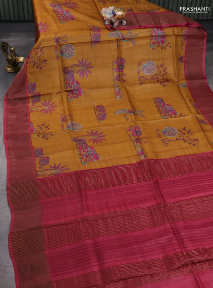 Pure tussar silk saree dark mustard and maroon with allover kalamkari prints and zari woven border