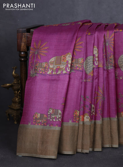 Pure tussar silk saree magenta pink and pastel green with allover kalamkari prints and zari woven border