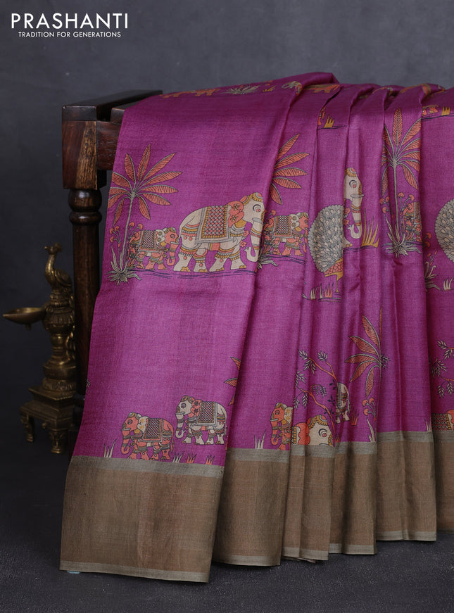 Pure tussar silk saree magenta pink and pastel green with allover kalamkari prints and zari woven border