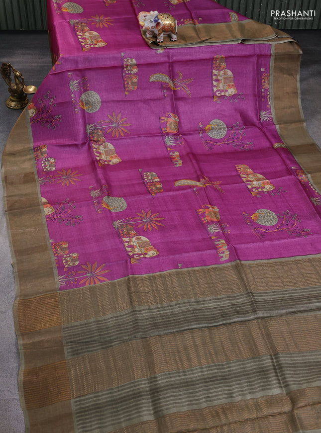 Pure tussar silk saree magenta pink and pastel green with allover kalamkari prints and zari woven border