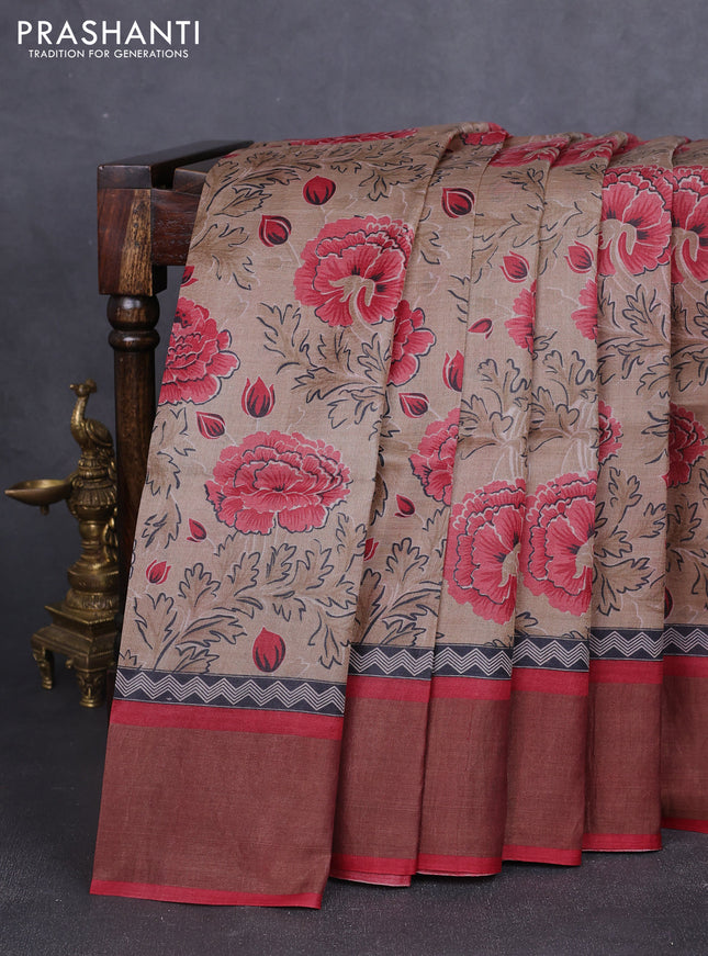 Pure tussar silk saree pastel brown and maroon with allover prints and zari woven border